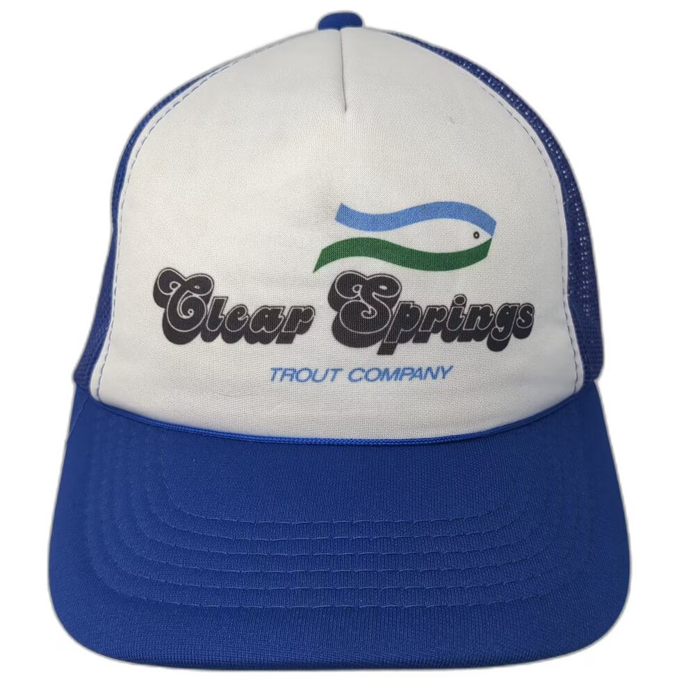 AJM Headwear Trucker Hat Blue White Clear Springs Trout Company OS Snapback